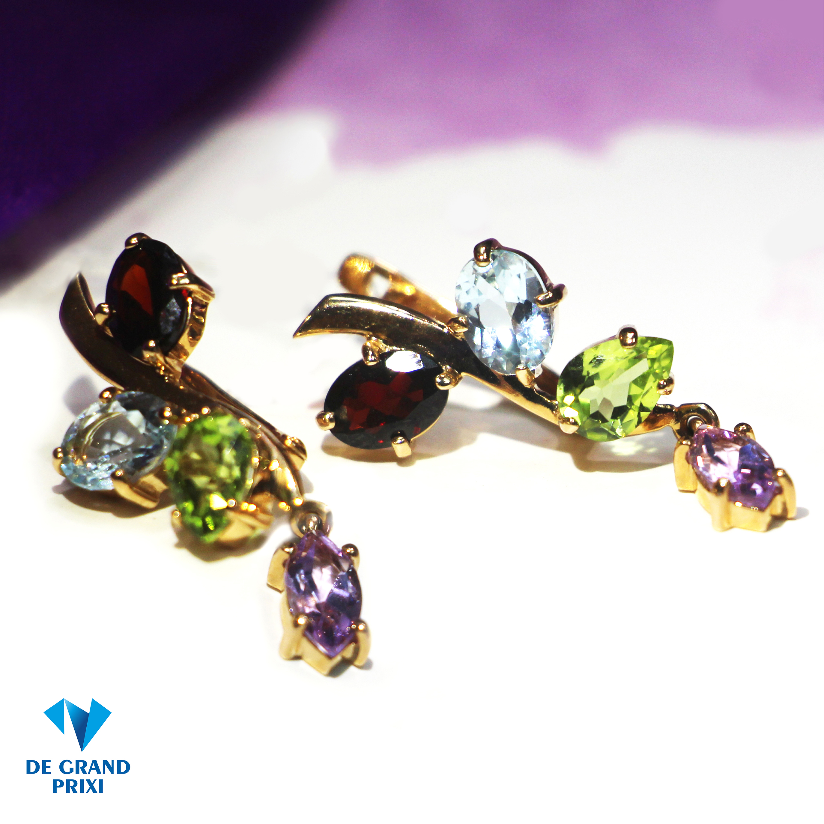 Серьги золотые с гранатом, топазом, хризолитом и аметистом