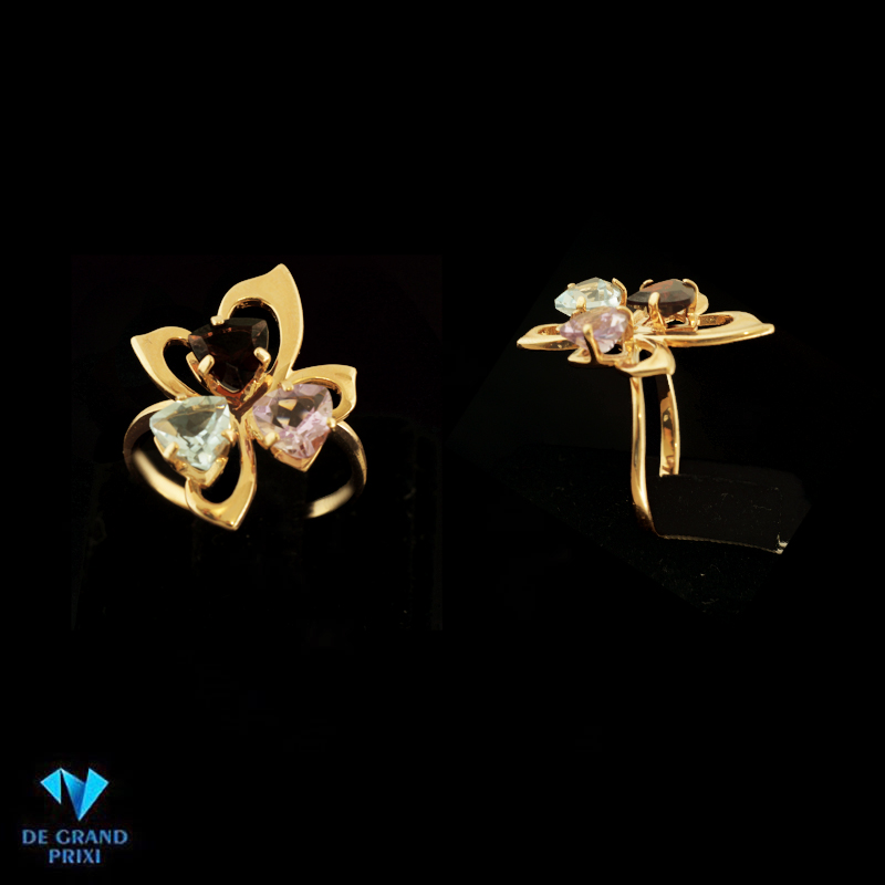 Кольцо золотое с гранатом, топазом,аметистом